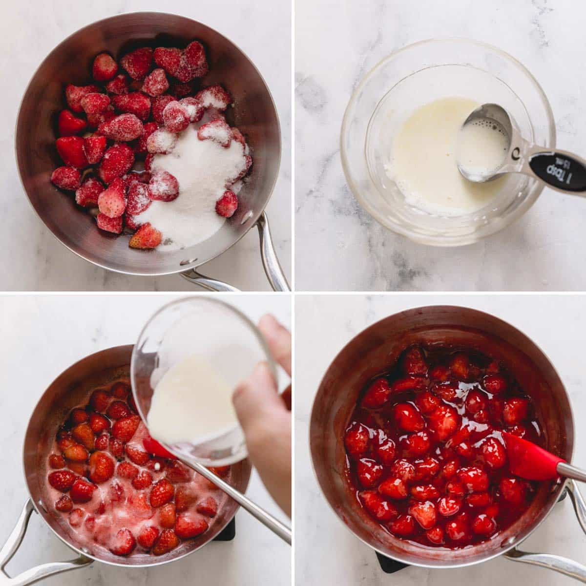 Four images showing the process of making strawberry sauce in a pot.