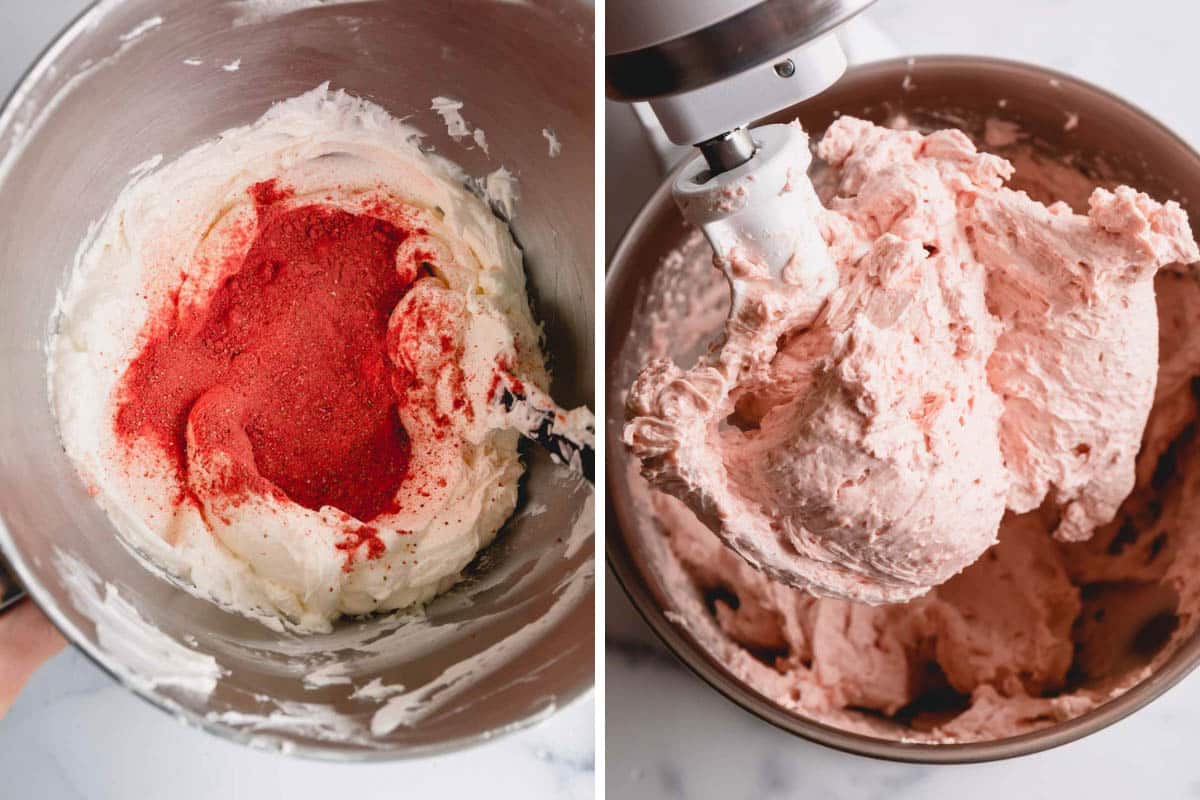 freeze dried strawberry powder in buttercream, strawberry buttercream. 