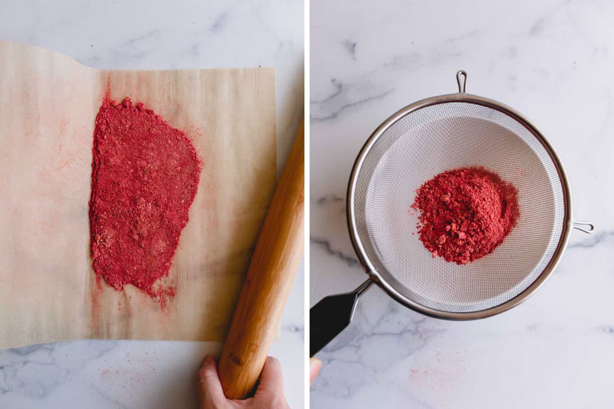 Two images showing freeze-dried strawberries being crushed by a rolling pin and the powder being sifted in a sieve.