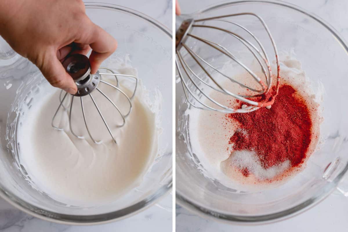 A whisk whisking heavy cream on the left and freeze-dried strawberry powder into the whipped cream on the right.