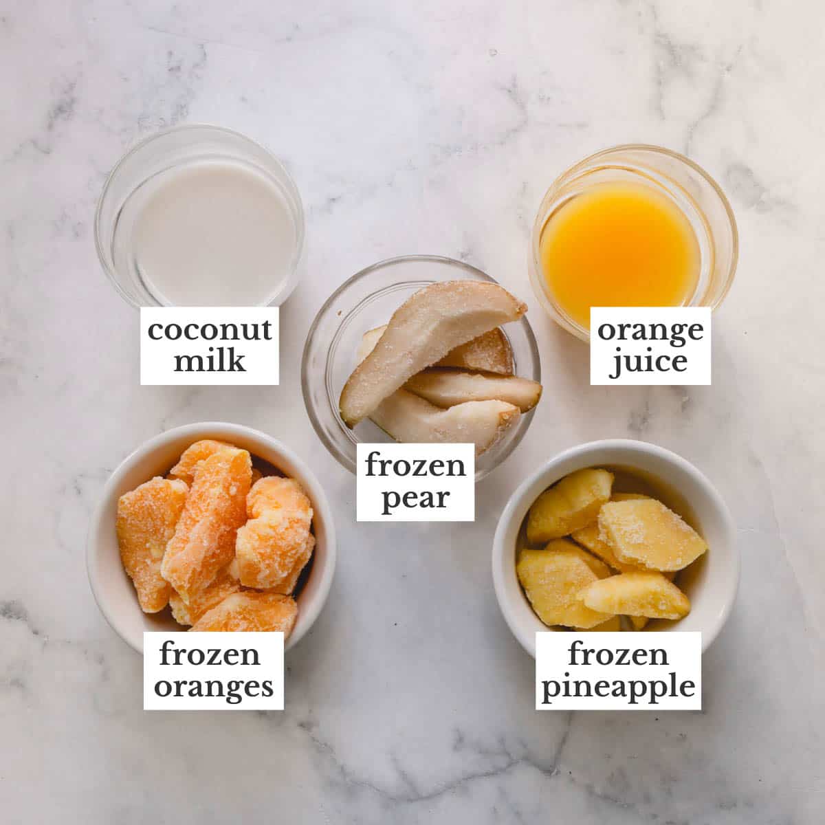 orange juice, pear, coconut milk, oranges, and pineapple, 