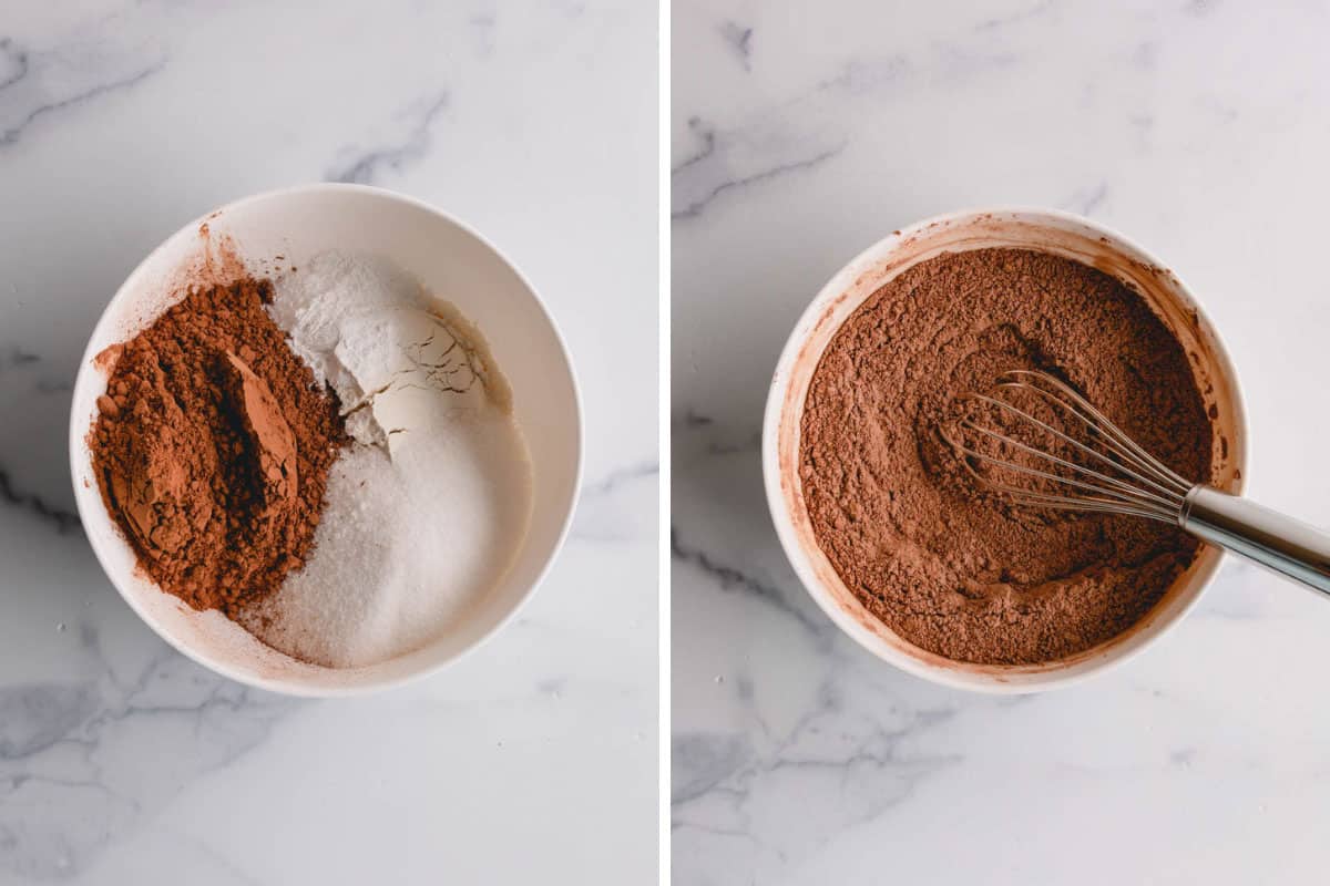 Two bowls showing the dry ingredients for ultimate chocolate cupcakes being combined.