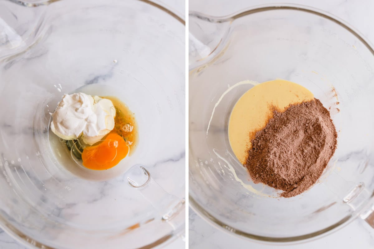 Two images showing the wet ingredients for chocolate cupcakes being combined and cocoa powder added.