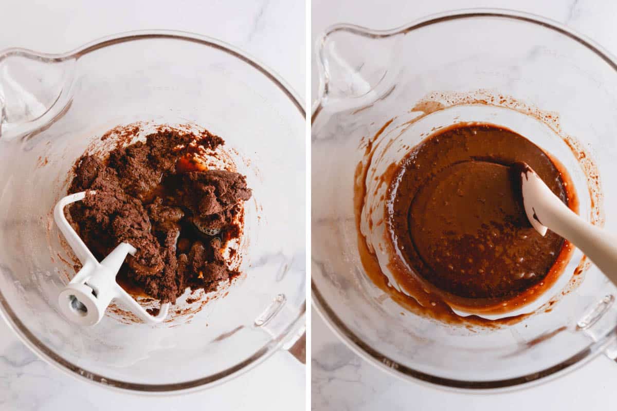 Two process shots showing the process of mixing wet and dry ingredients for ultimate chocolate cupcake batter.