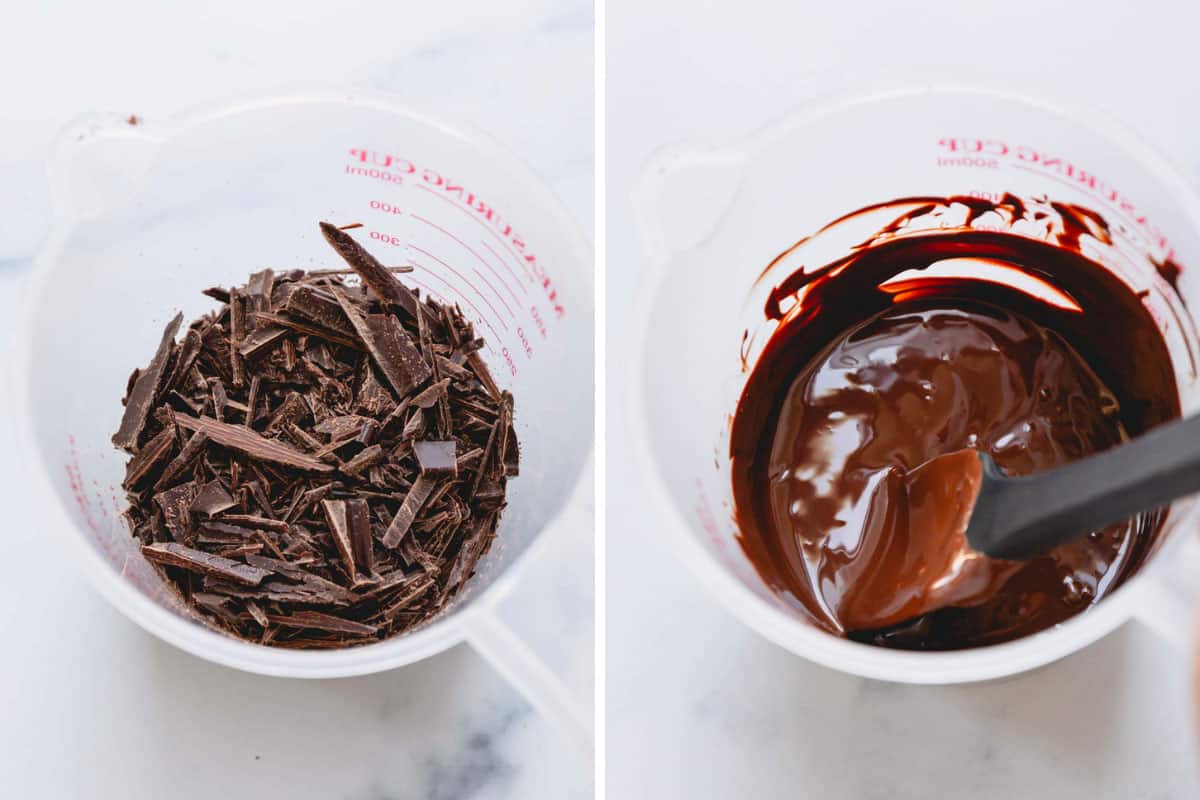 A measuring cup full of chocolate pieces on the left and the same cup full of melted chocolate on the right.