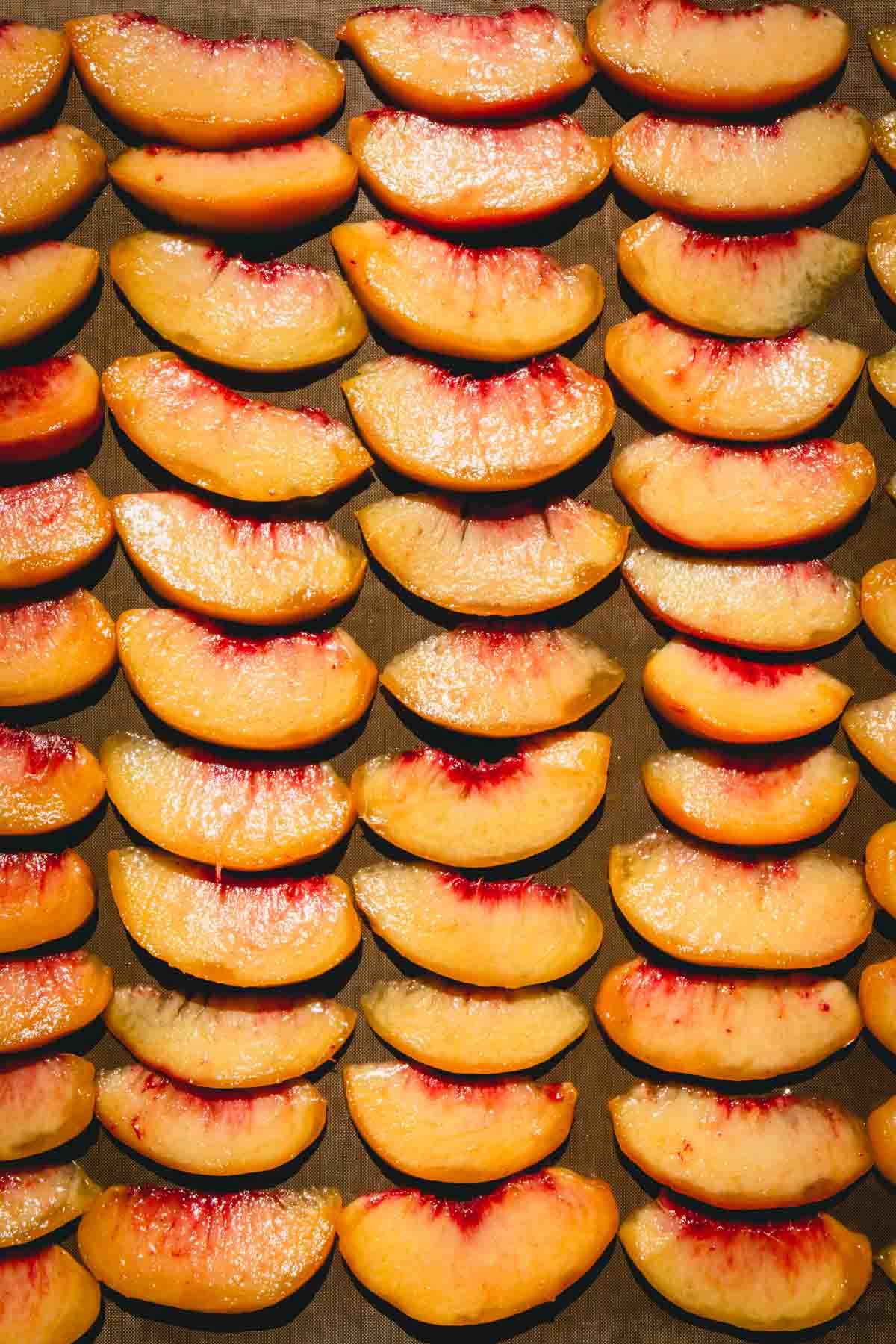 Rows of peach slices on a baking sheet.