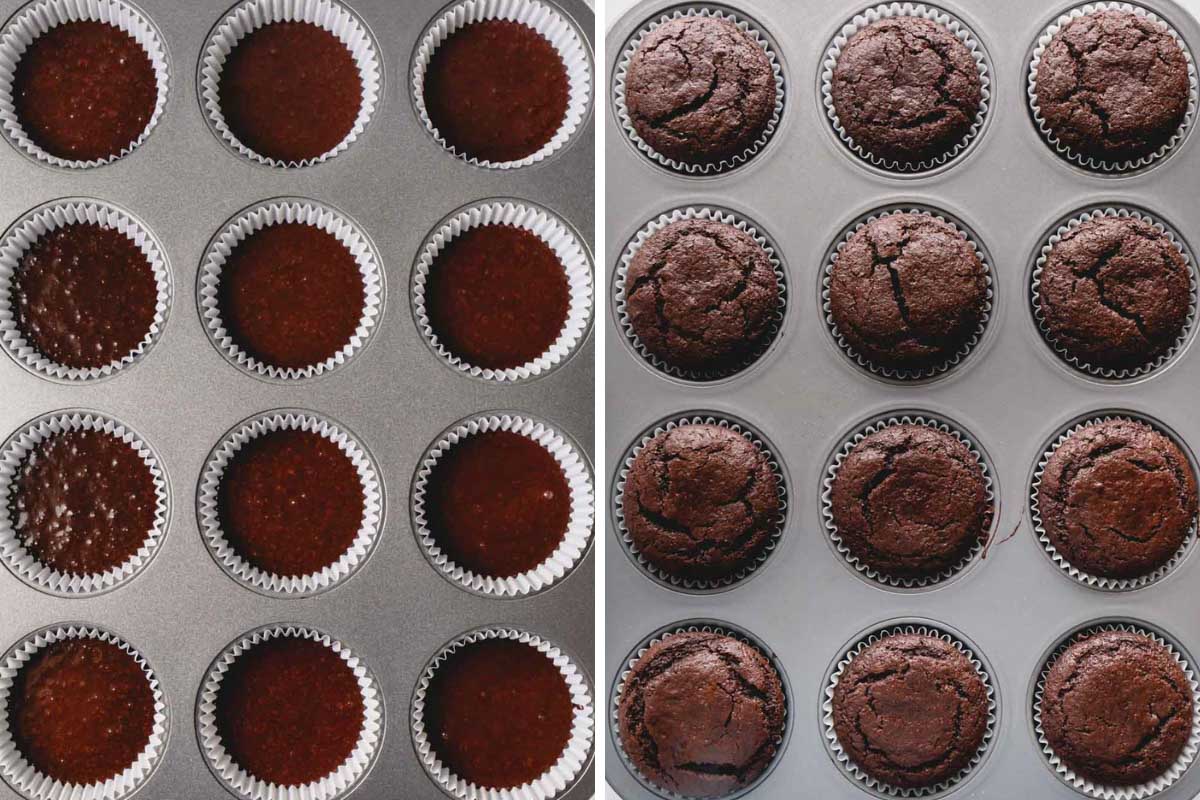 Side by side images of chocolate cupcake batter in muffin cups and baked chocolate cupcakes in a muffin pan.
