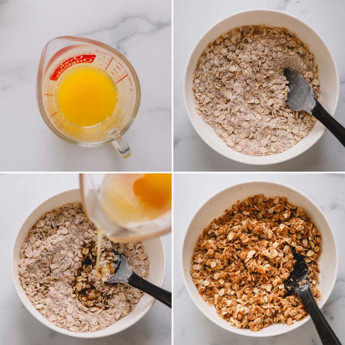 Four images showing the process of preparing a fruit crisp topping, mixing oats with butter.