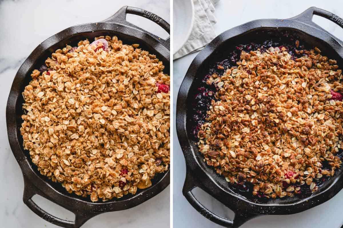 Two images showing a fruit crisp unbaked and baked.