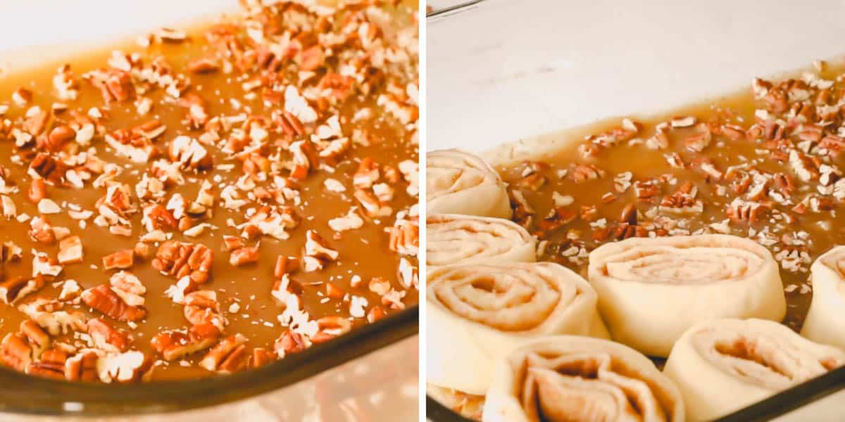 Two images showing a butterscotch caramel sauce in a dish being topped with raw caramel rolls.