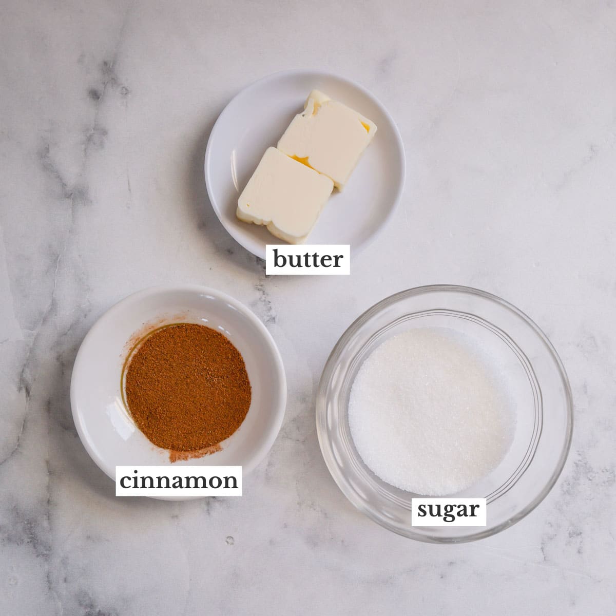 Butter, sugar, and cinnamon to make a caramel roll filling. 