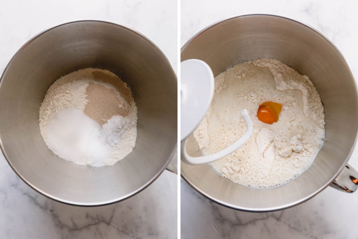 Two images showing the process of mixing dry and wet ingredients for caramel roll dough.