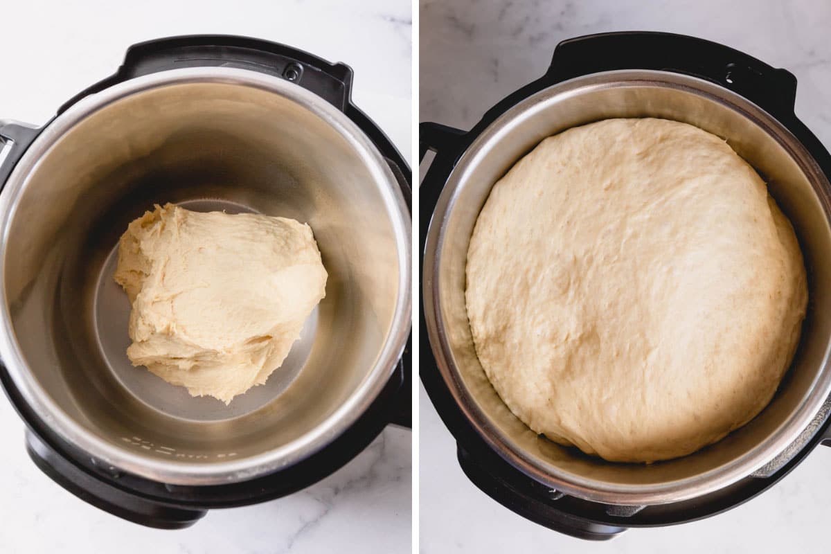 Two images showing the process of proofing caramel roll dough until it's fluffy.