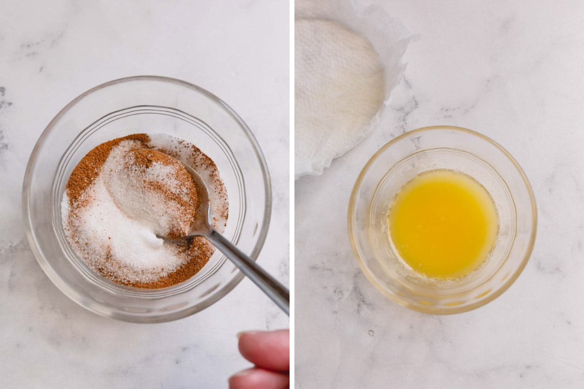 One image showing a cinnamon sugar mixture and a second showing melted butter.