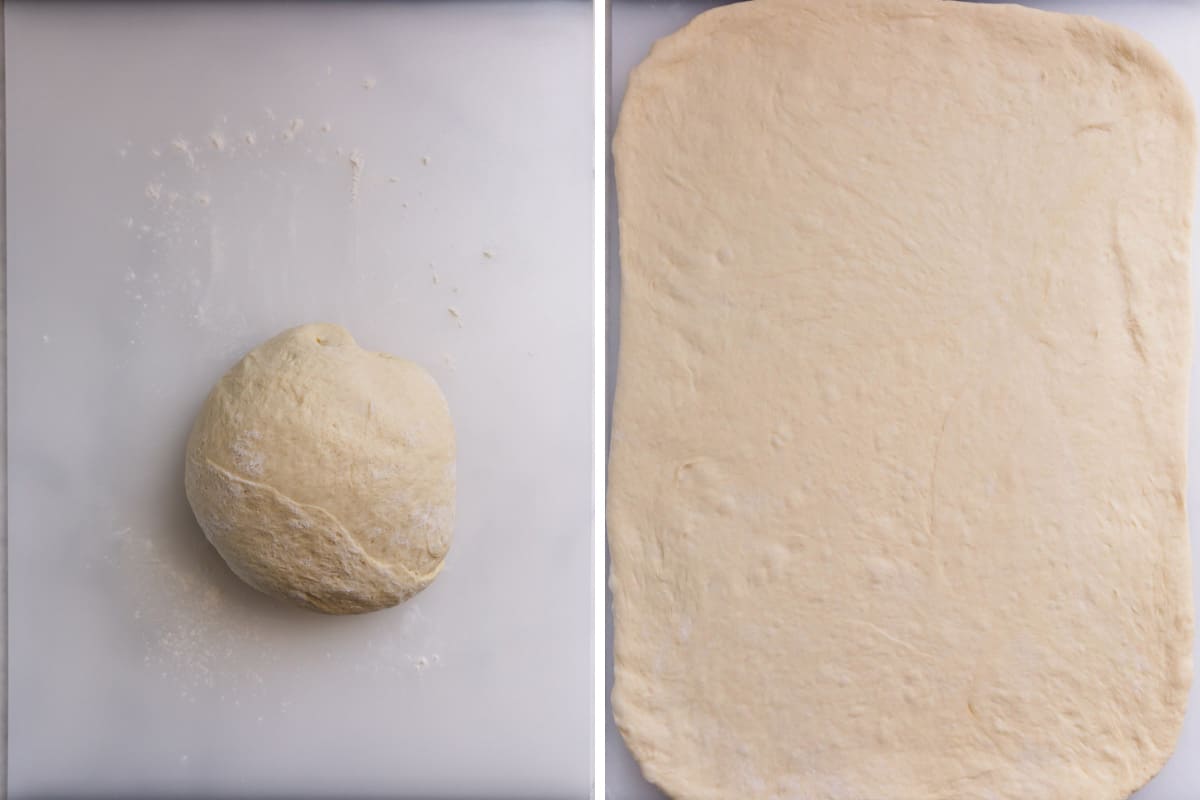 Two images showing the process of rolling out caramel roll dough.