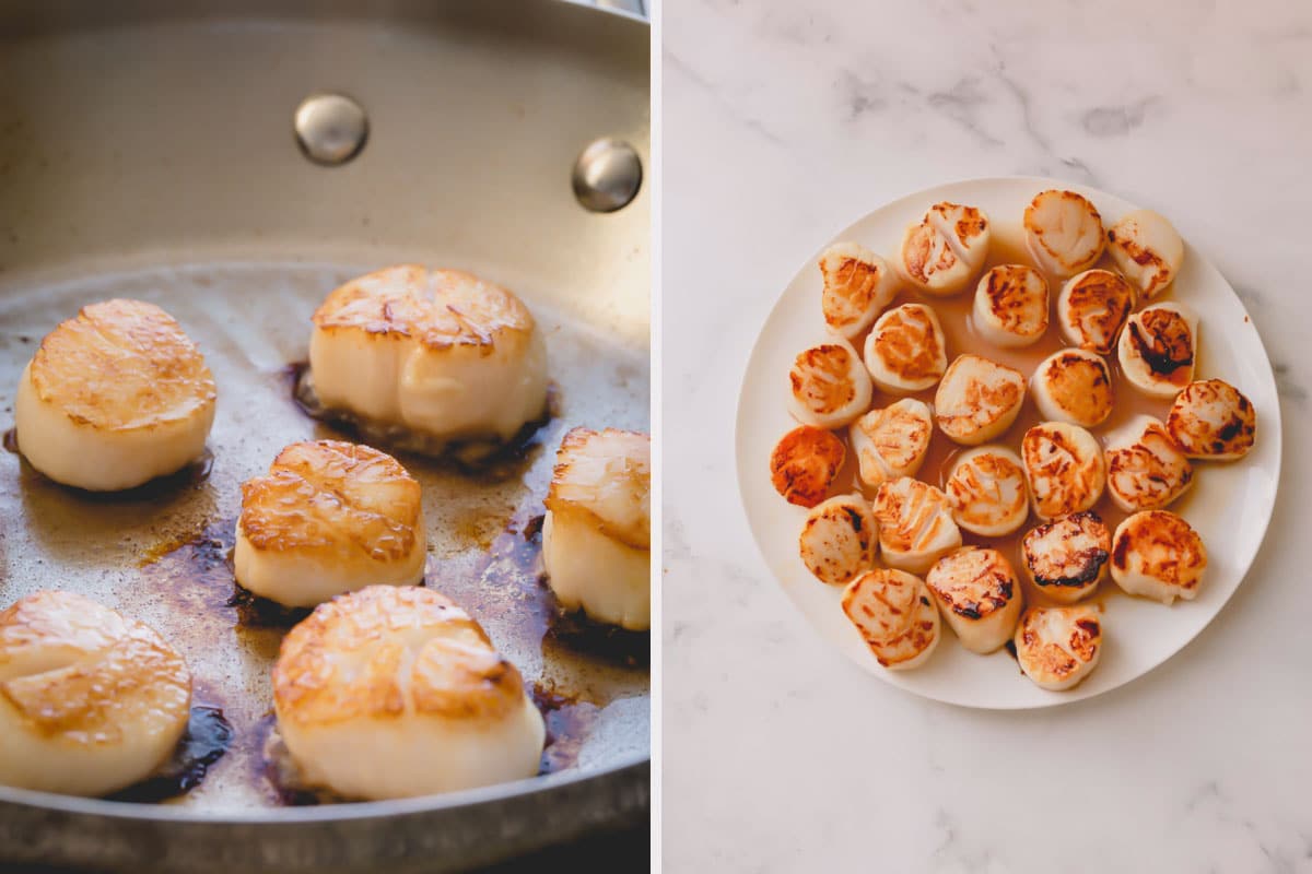 Side by side images of searing scallops.