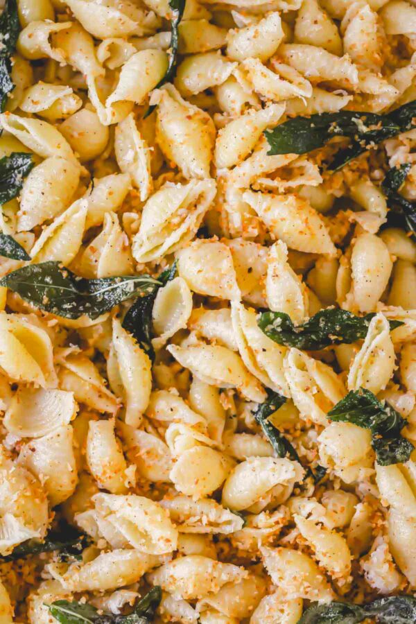 Close up image of brown butter pasta with sage and breadcrumbs.