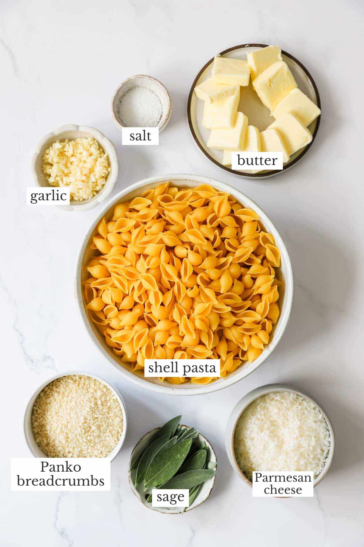Ingredients needed to make brown butter pasta with breadcrumbs and sage.