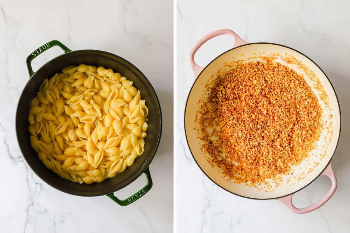 Two images showing cooked pasta shells and toasted breadcrumbs.