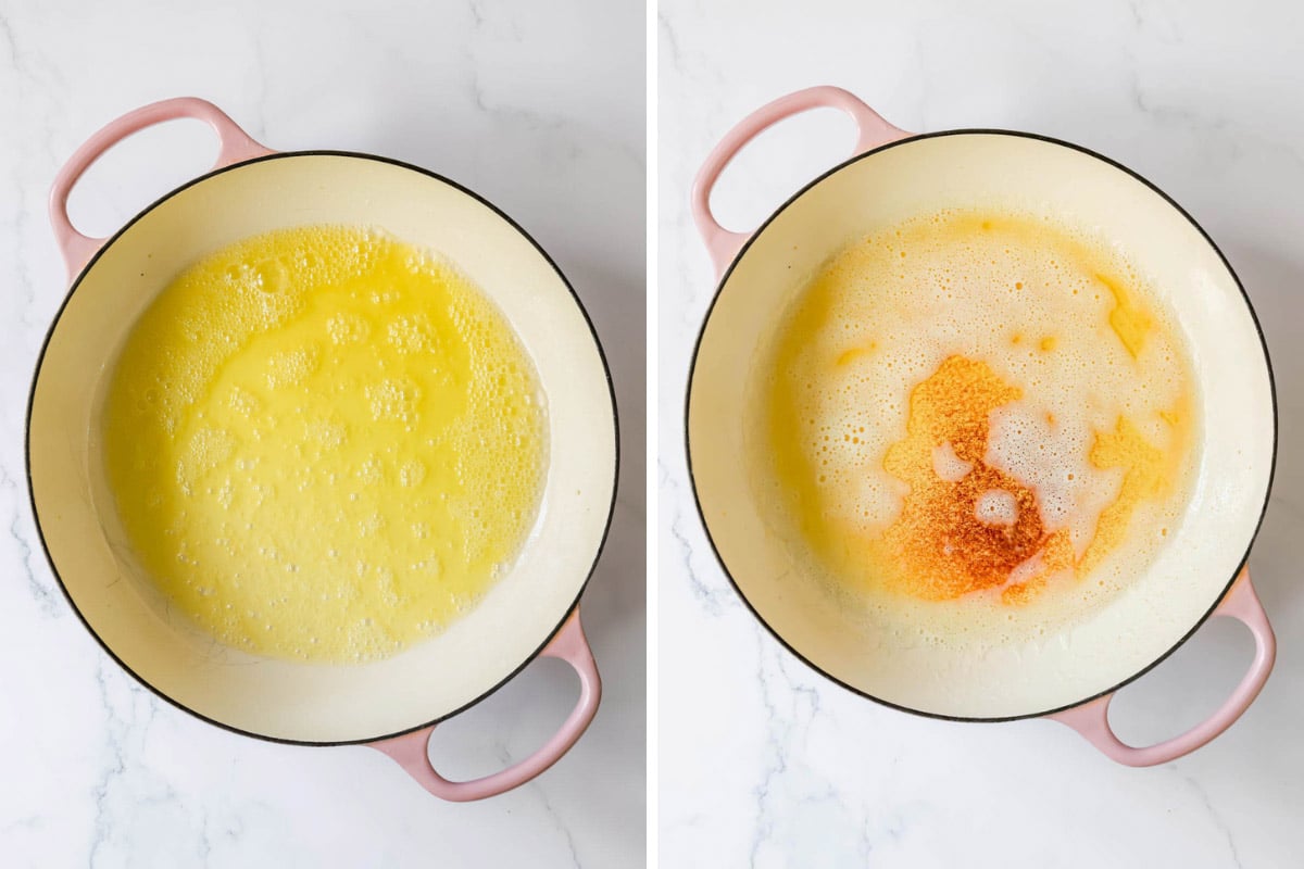 Two images showing the process of creating brown butter.