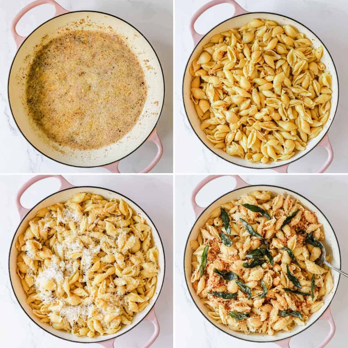 Four images showing the process of creating brown butter pasta with breadcrumbs, parmesan, and sage.