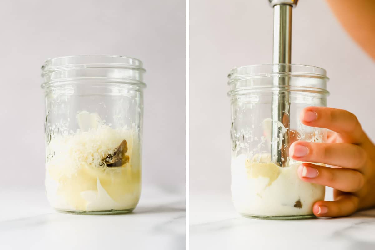 Two images showing the process of blending Caesar dressing with an immersion blender.