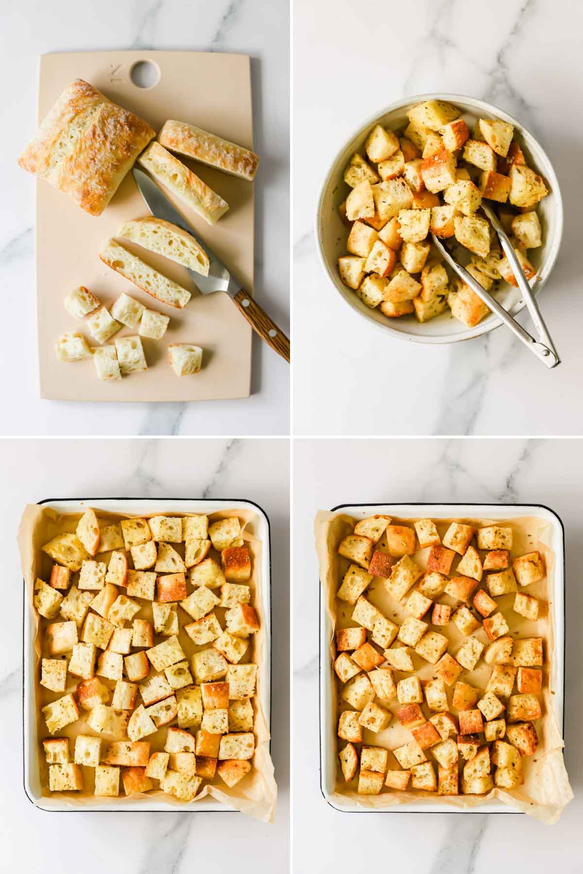 Four images showing the process of turning ciabatta bread into croutons.