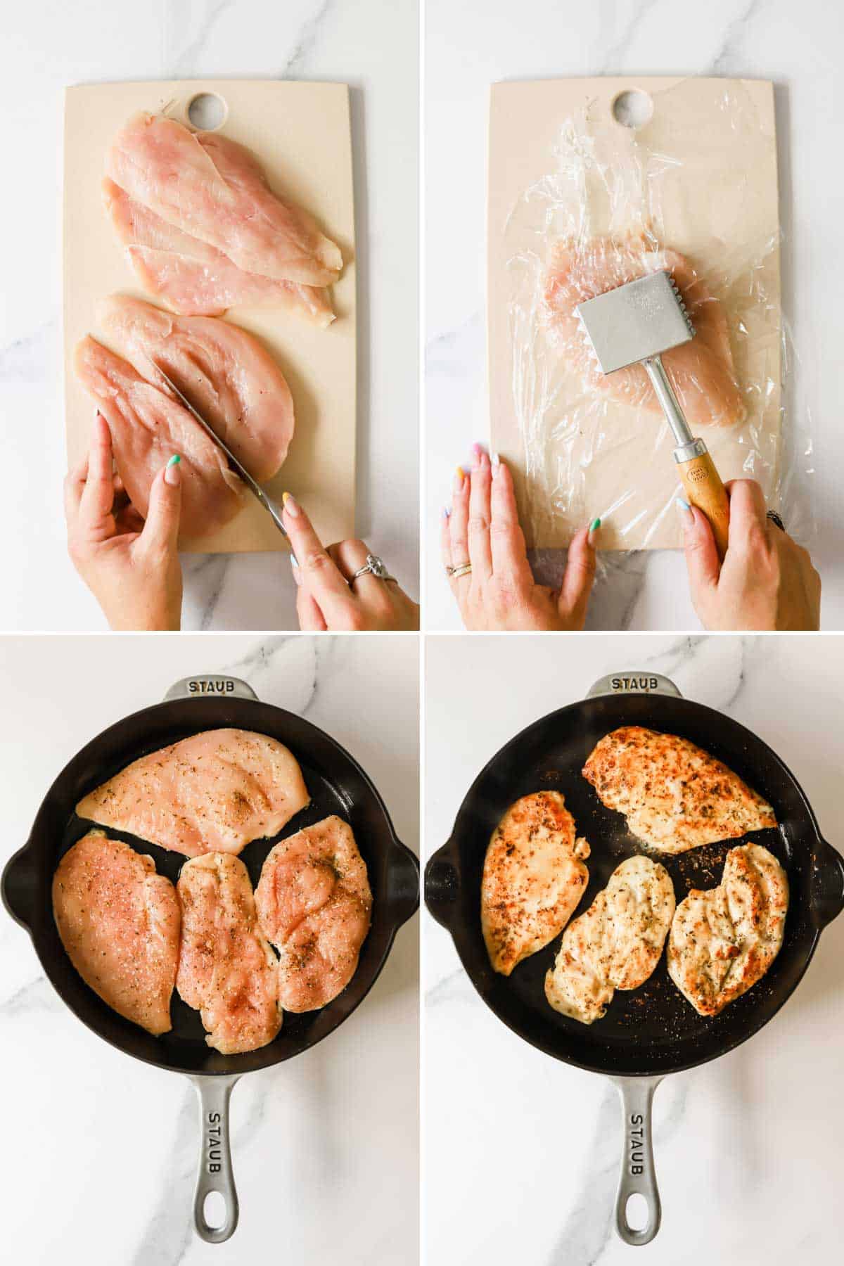 Four images showing shine being pounded and cooked in a skillet.