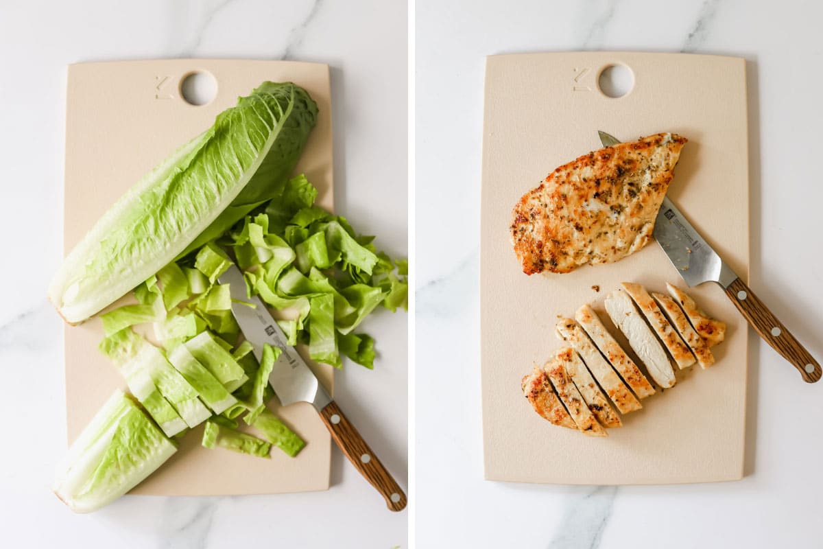 Two images depicting lettuce being chopped and cooked chicken breast being chopped.