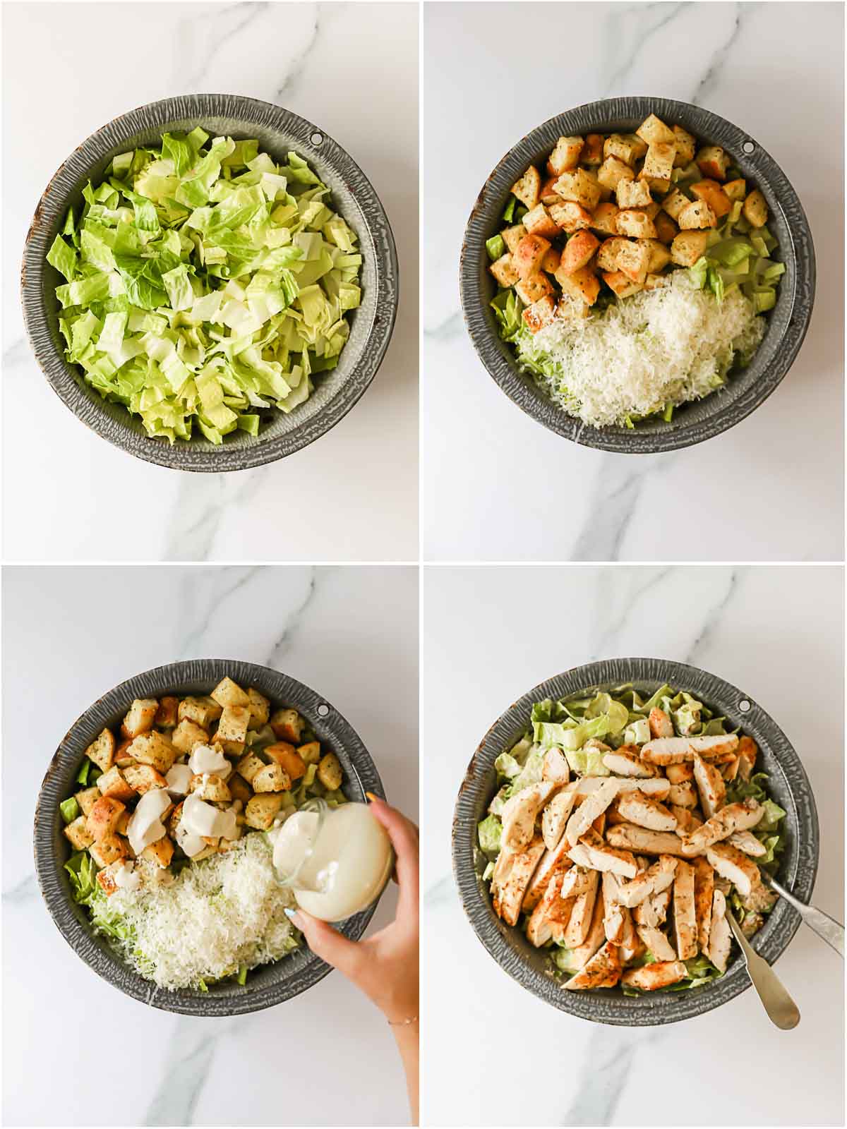 Four images showing the process of assembling a chicken Caesar salad recipe.