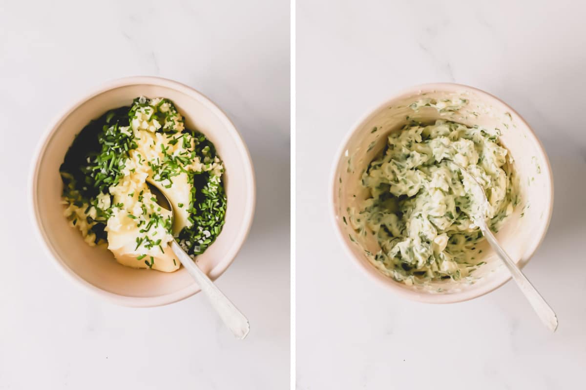 Two images showing butter being mixed with herbs and garlic in a bowl.