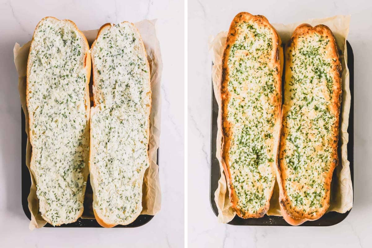 Two images showing two halves of French bread topped with garlic butter one unbaked and the other baked.