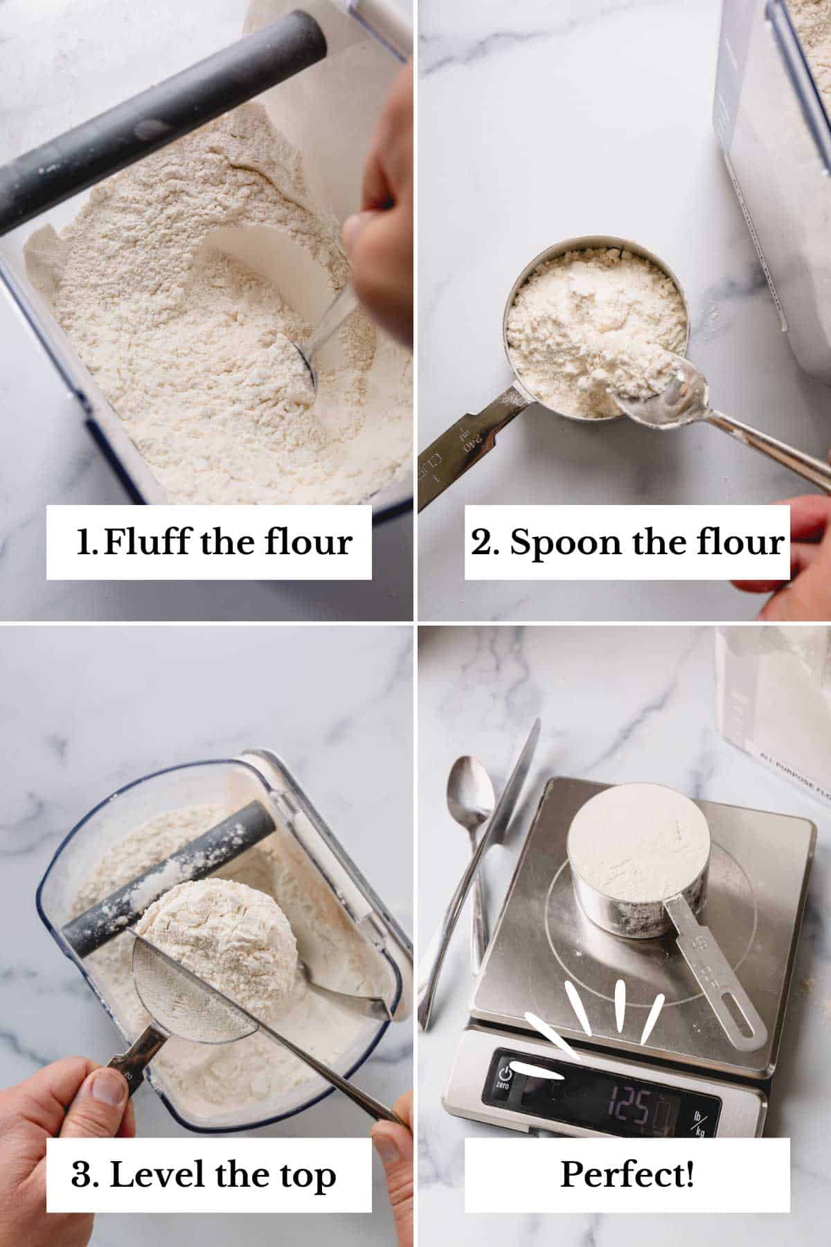 A four-image collage of measuring flour by scooping flour into a 1 cup measuring cup and leveling the top with a nutter knife.