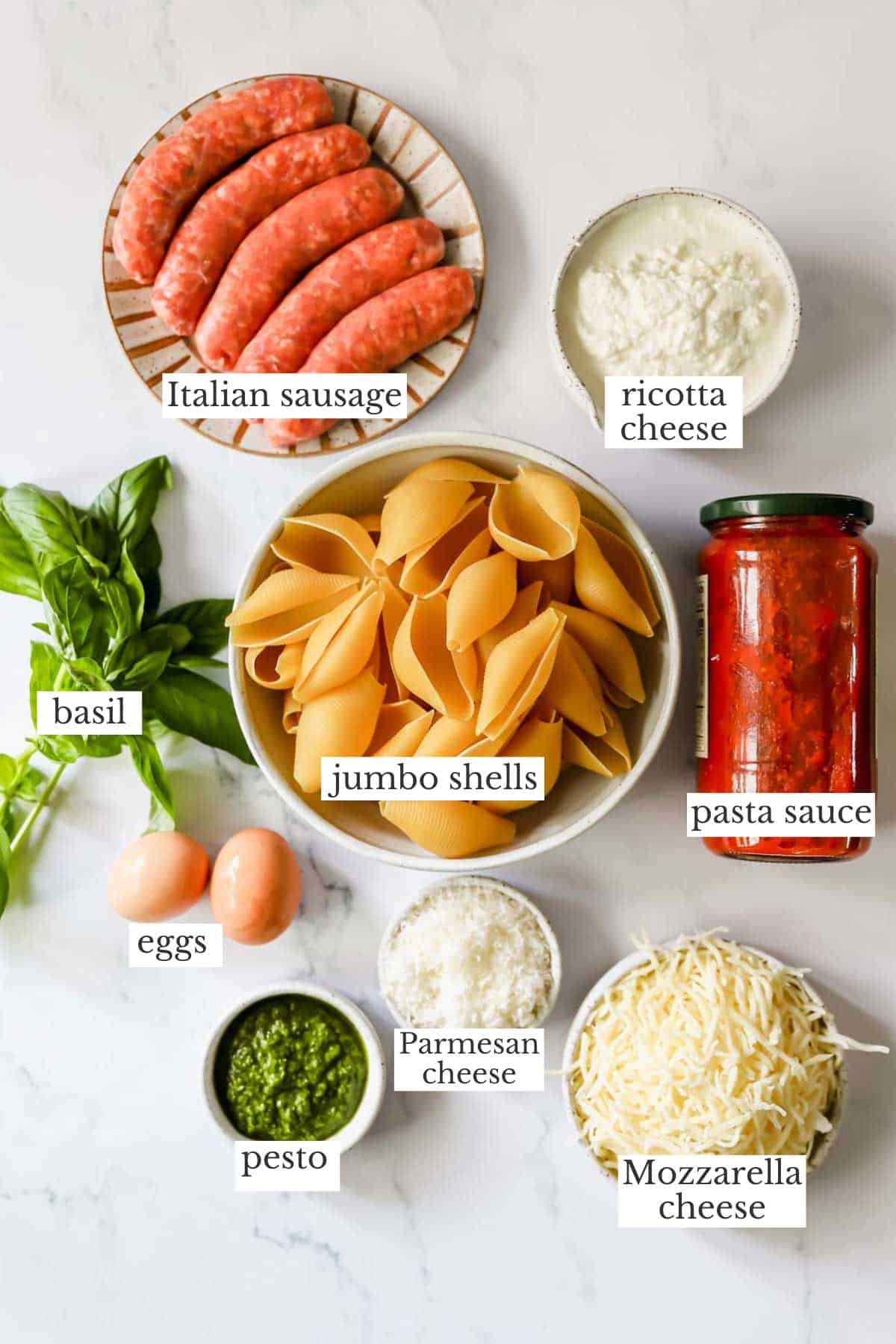 Ingredients to make pesto ricotta stuffed pasta shells.