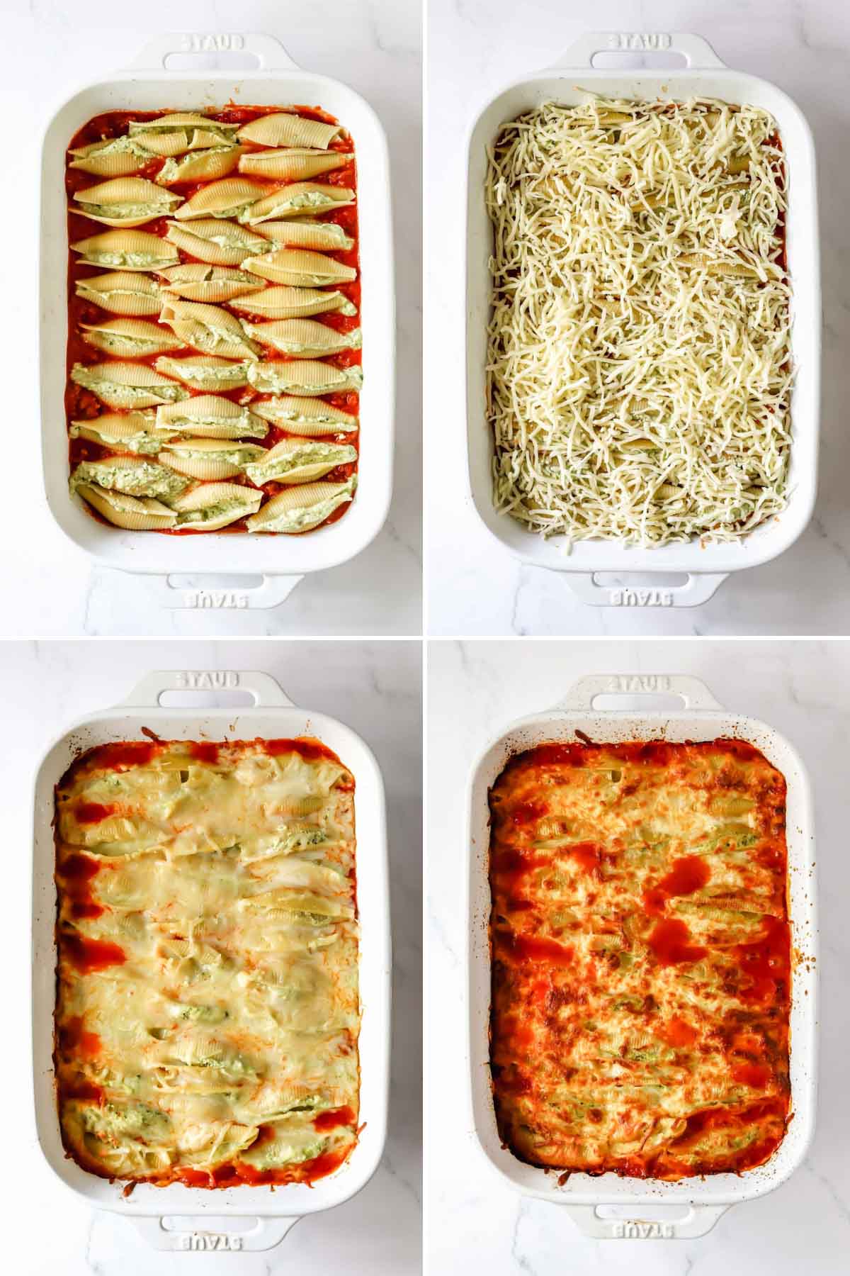 Four images showing the process of layering pesto ricotta stuffed pasta shells in a baking dish.