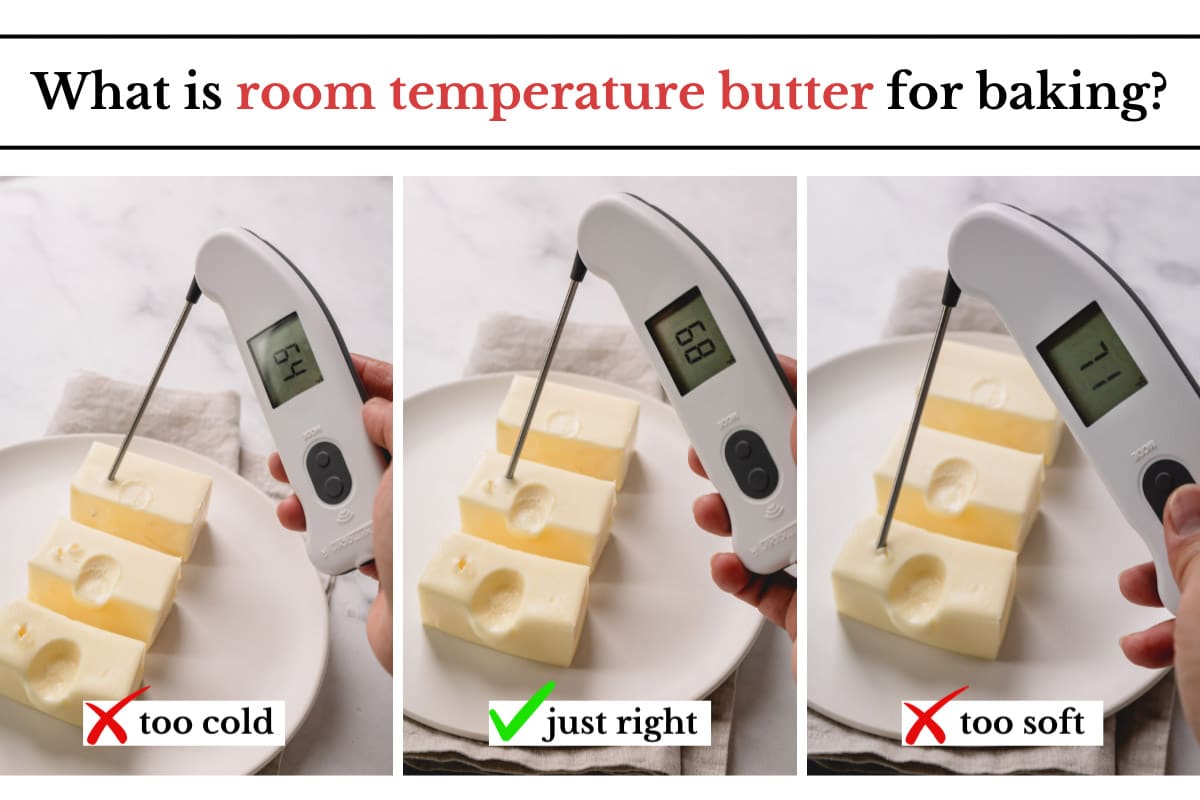 3 side by side images of butter with different temperature on an instant thermometer.