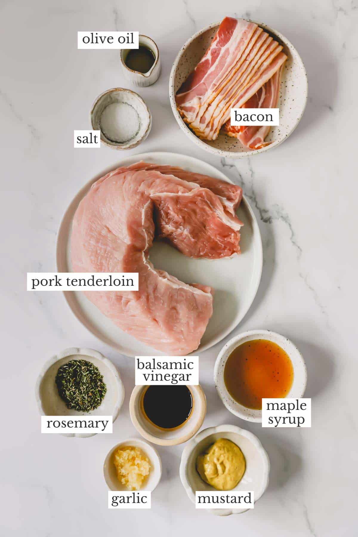 Ingredients needed to make a baked bacon wrapped tenderloin.