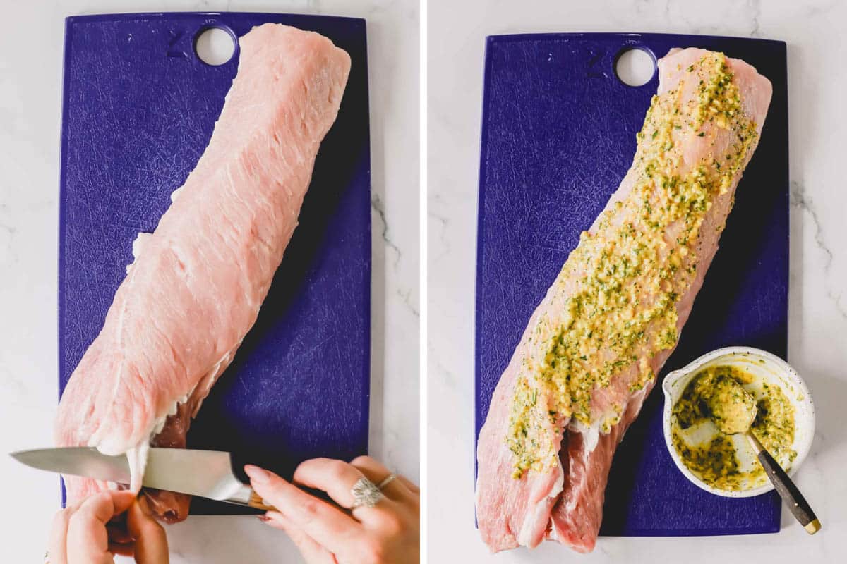 Two images showing the process of removing the silver skin from pork and coating it with a mustard sauce.