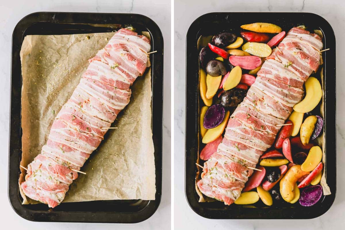 Two images showing a bacon wrapped pork tenderloin in a pan and potatoes added on the right.