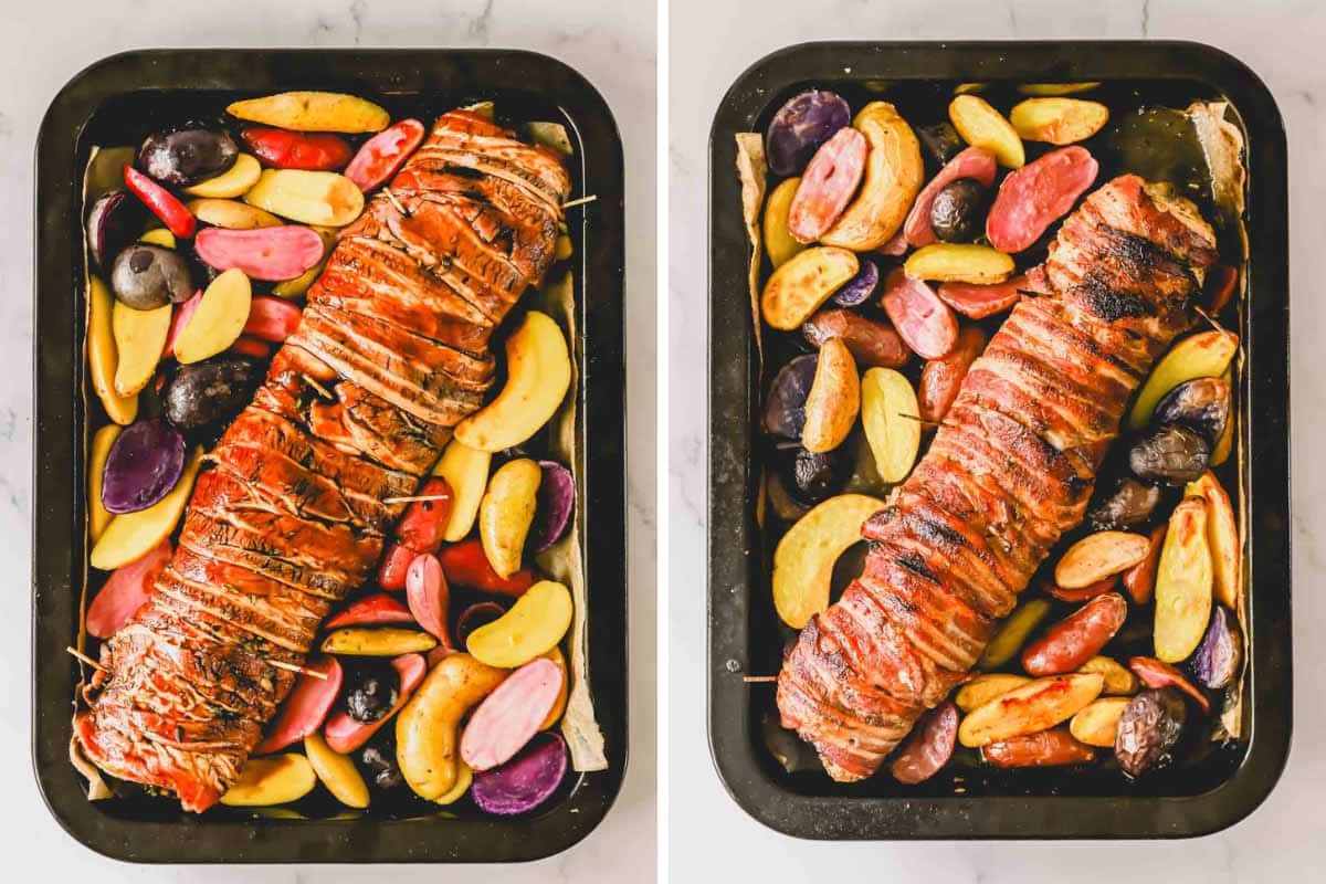 Two images showing a baked bacon wrapped pork tenderloin and potatoes.