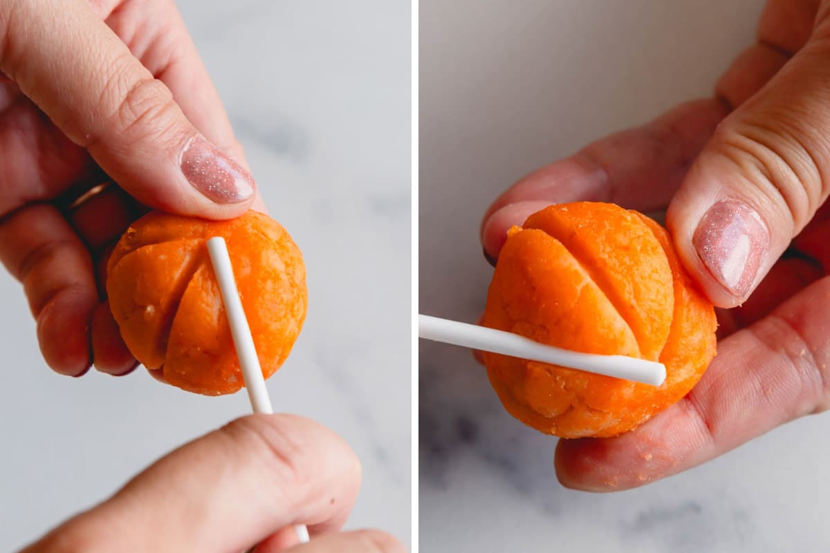 Two images showing the process of putting grooves in an orange cake pop ball.