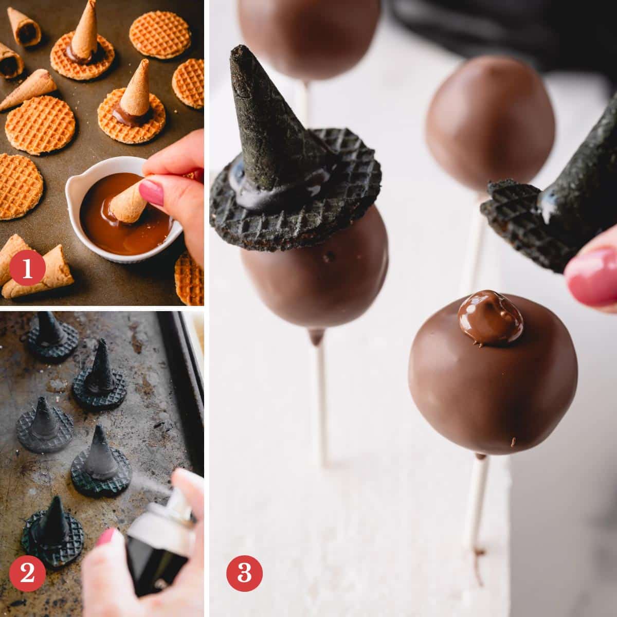 Three images showing the process of assembling chocolate cake pops with witches' hats.