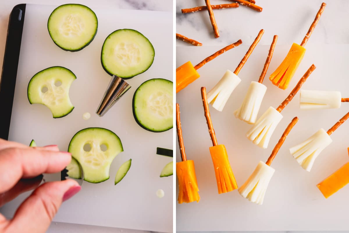 Two images showing the process of making cucumber skulls and cheese broomsticks.