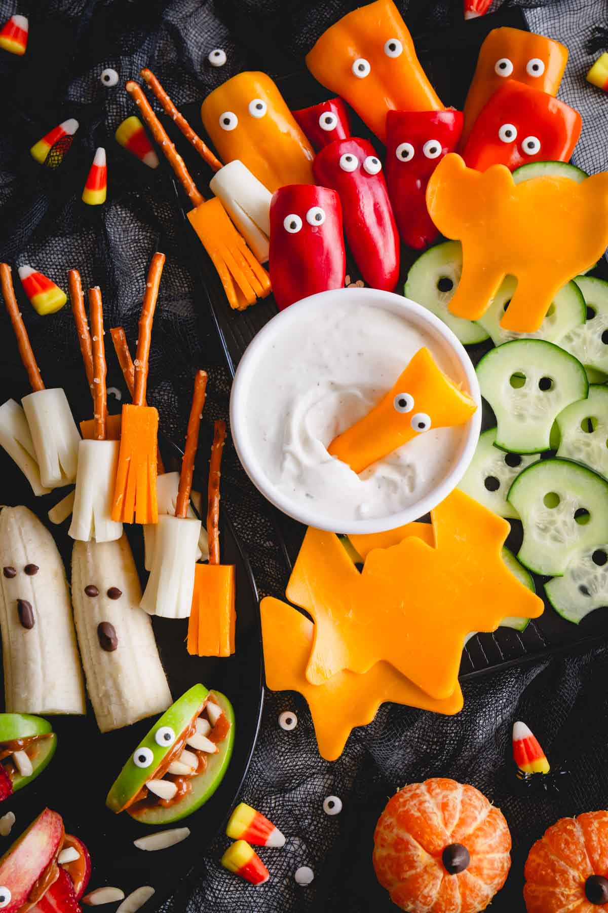 Overhead image of a healthy Halloween snack board for kids.