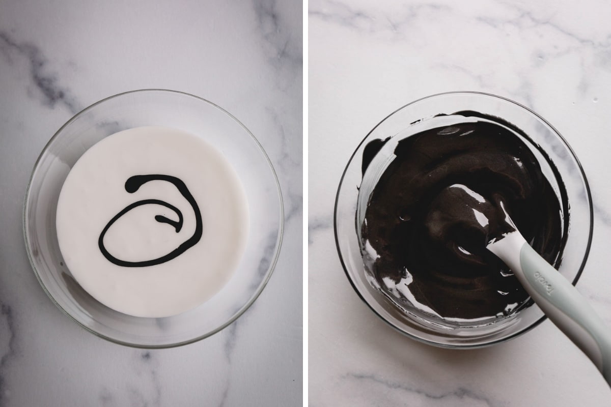 Two images showing the process of dying sugar cookie icing black.