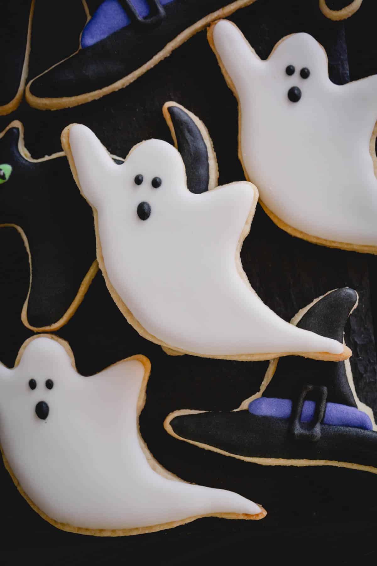 Close up image of ghost Halloween sugar cookies.