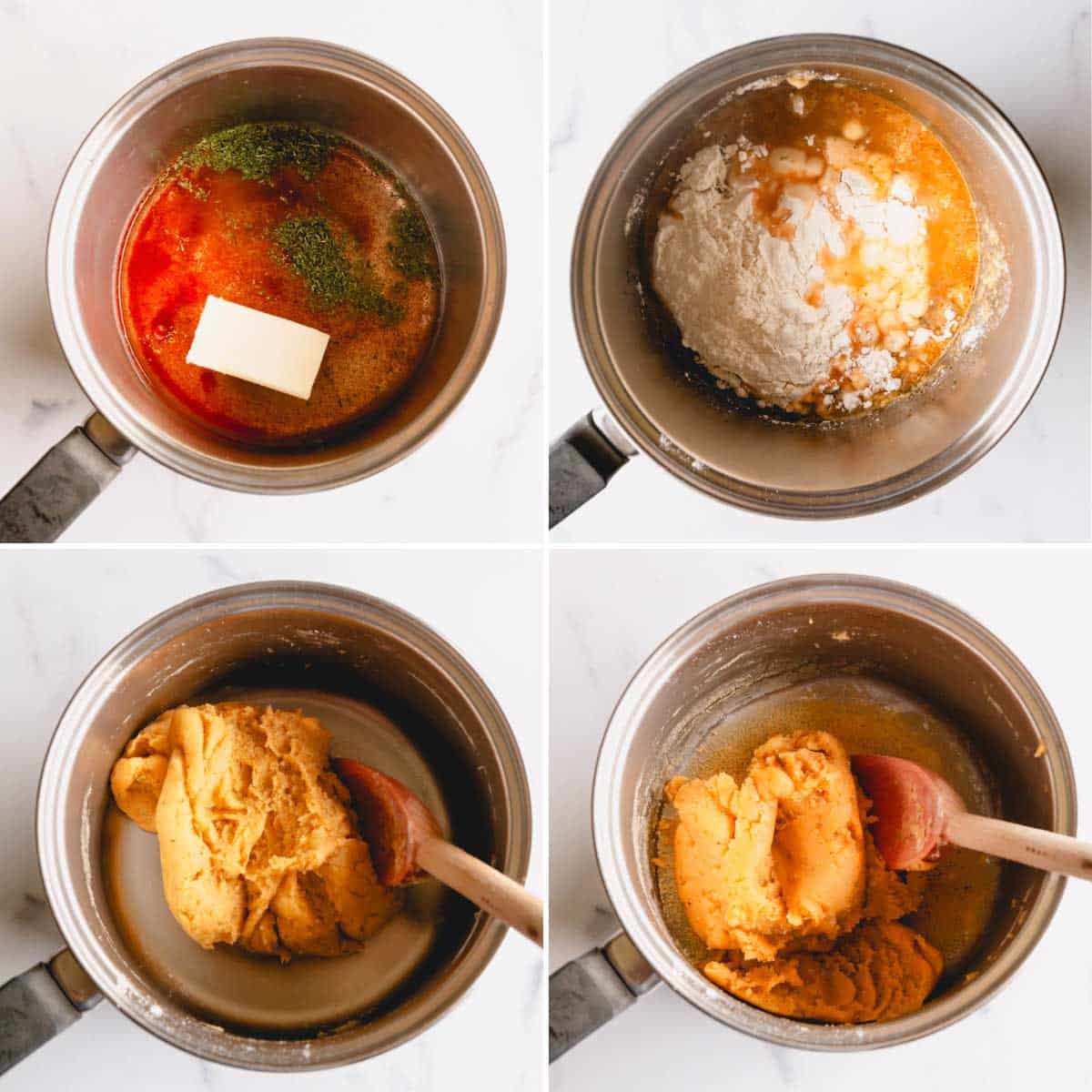 Step by step photos in a collage of making cheese puff dough in a saucepan.