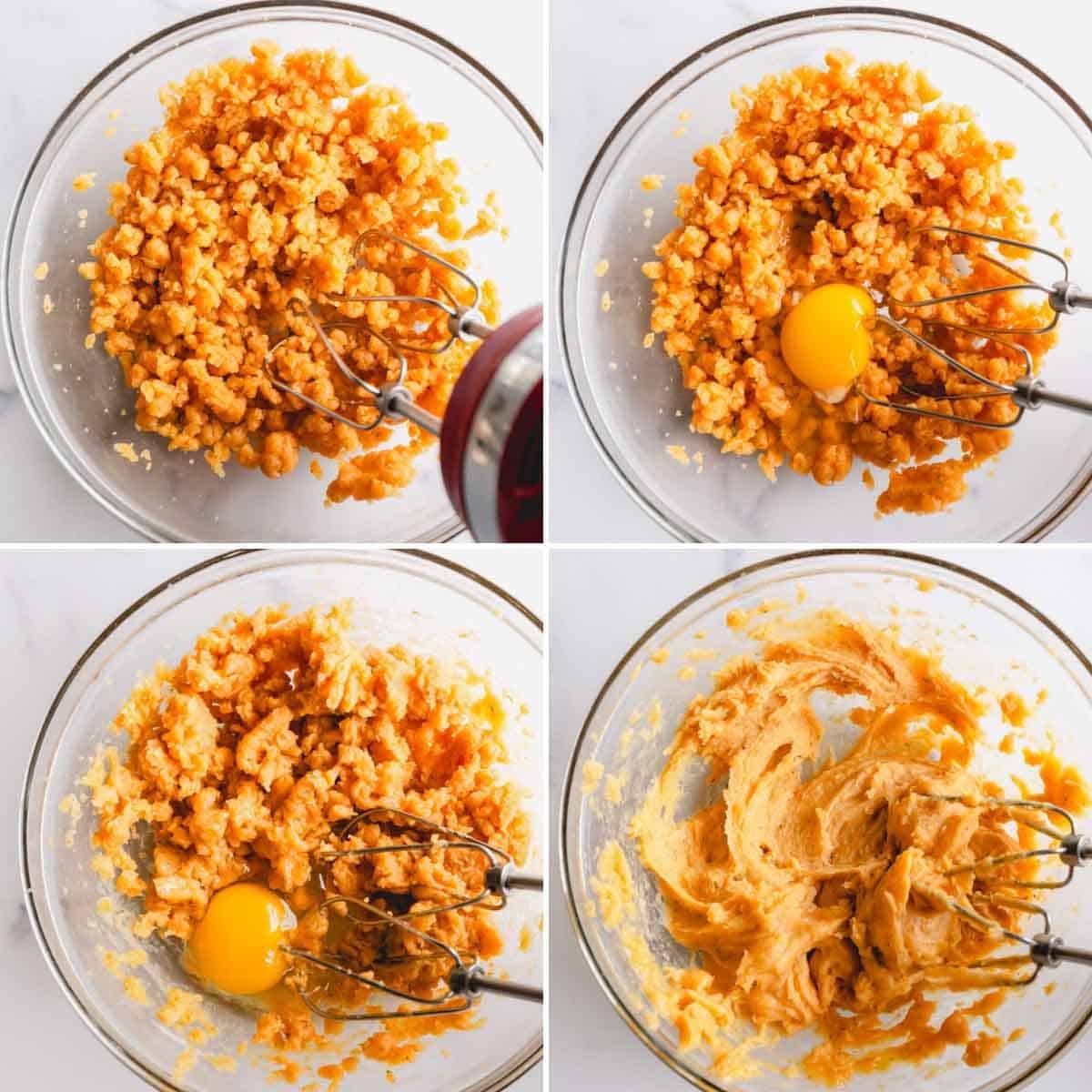 Step by step photos in a collage of adding eggs into the cooled choux pastry dough.