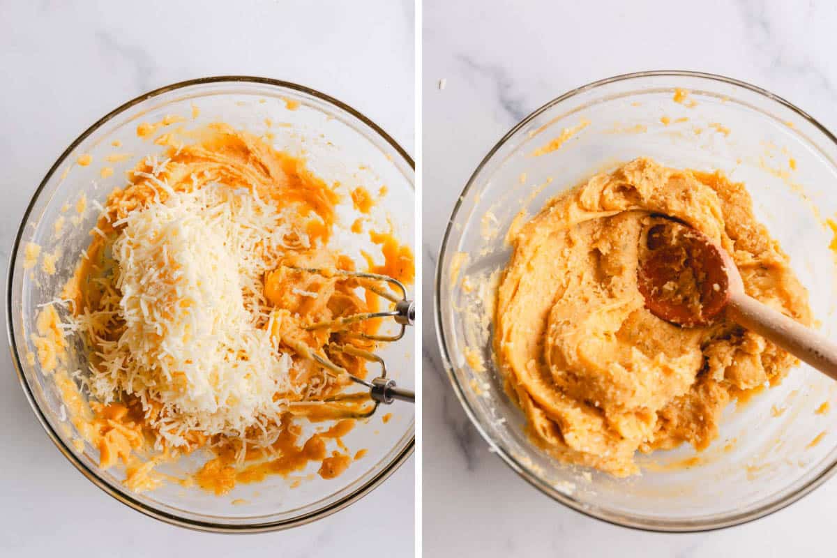 Side by side images of adding grated cheese into the choux pastry dough.