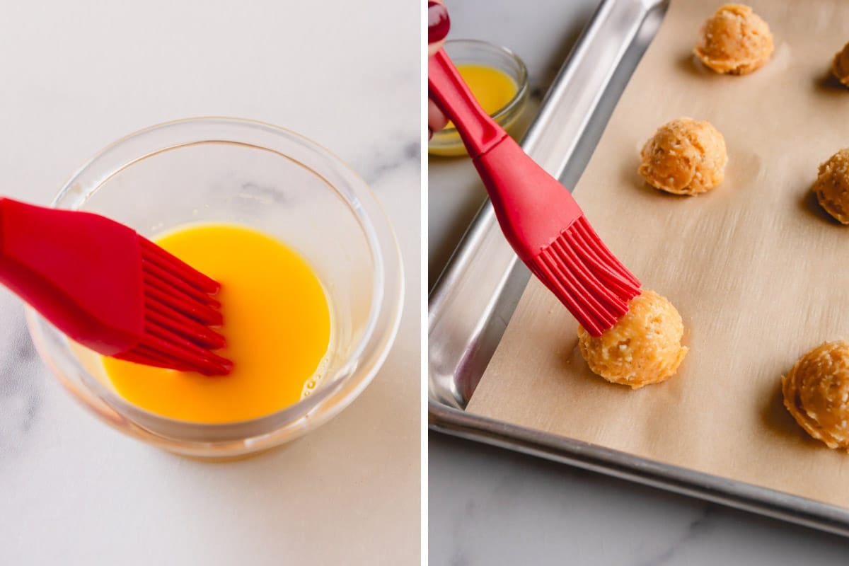 Side by side images of egg wash and brushing on egg wash on cheese puffs.